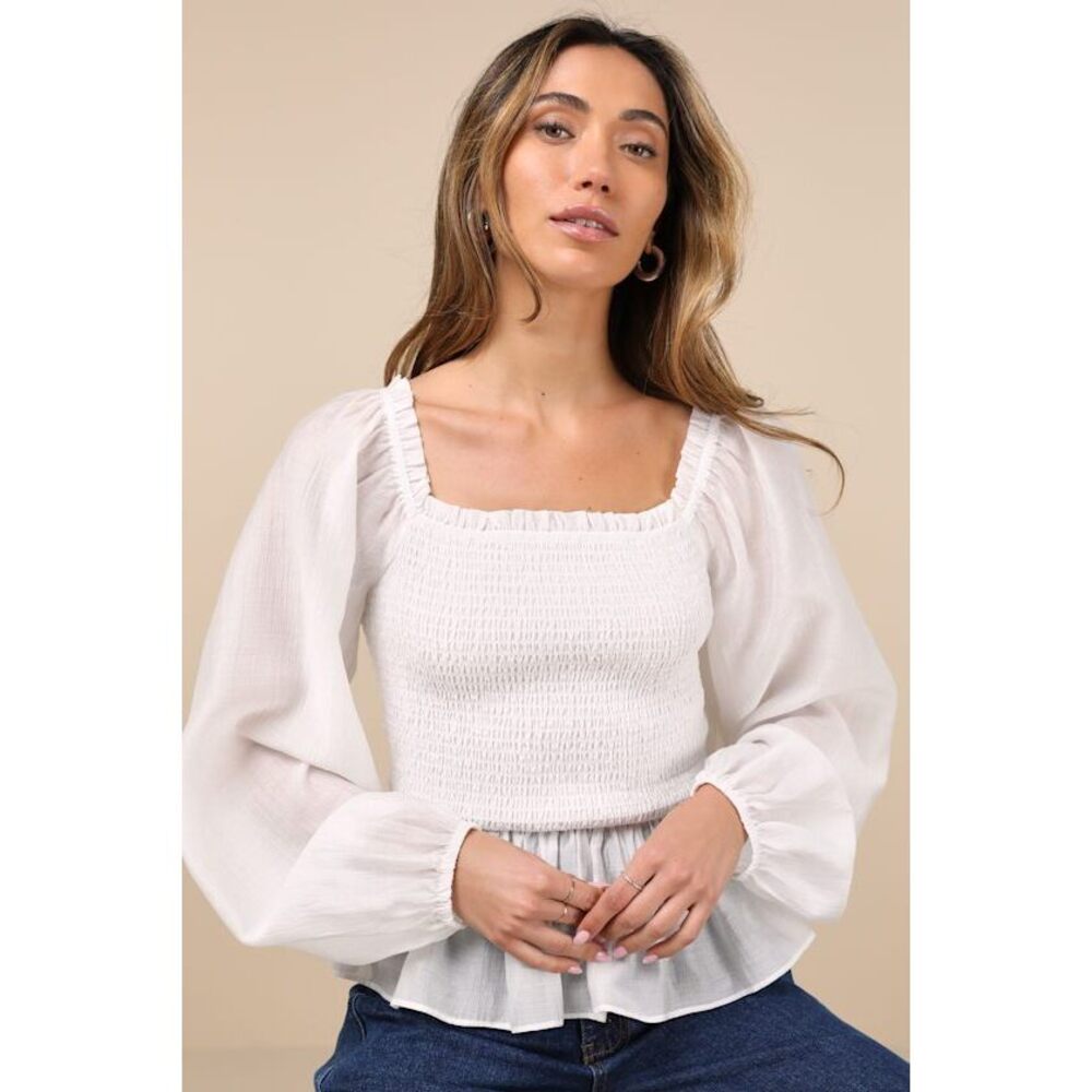 Lulus Feeling Angelic Ivory Balloon Sleeve Smocked Peplum Top White - Size S